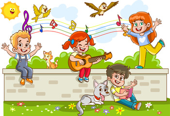 Children playing on the wall and singing