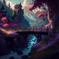 Fototapeta na wymiar Fantasy elven village with a bridge ,made with Generative AI