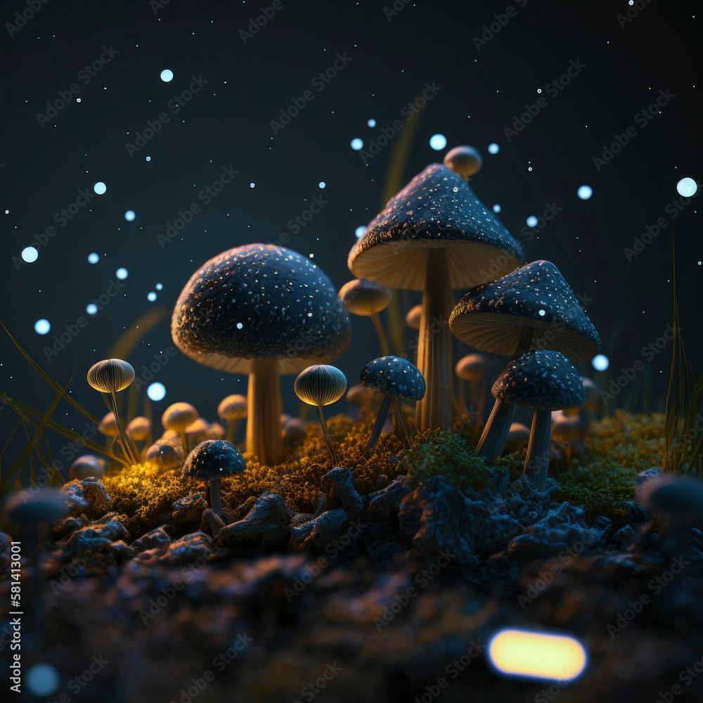 Poster glowing mushroom with fireflies in the magic forest ,made with generative ai