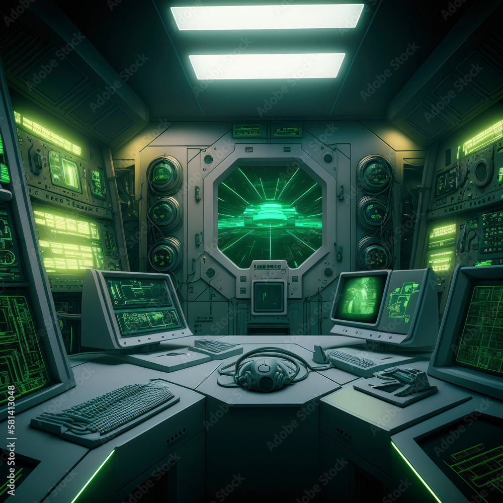 Poster cyberpunk image style, control room in a futuristic space ship, intricate details, with screens and 