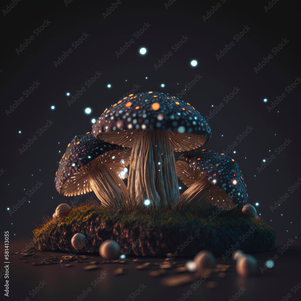 Poster glowing mushroom with fireflies in the magic forest ,made with generative ai