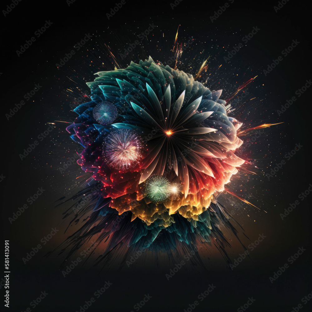 Poster a colorful fireworks display is reflected in a lake at night with a reflection of the sky in the wat