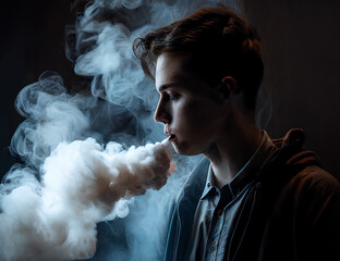 Handsome man taking vape with heavy cloudy smoke.