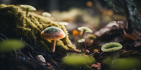 Close up macro shot of moss and small mushrooms in a forest environment - generative AI