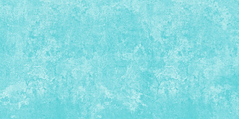 Fototapeta na wymiar Light teal crack pattern wide wall. Pastel blue shabby textured background. Widescreen texture