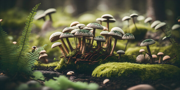 Close up macro shot of moss and small mushrooms in a forest environment - generative AI
