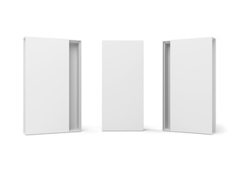 Three white tall hard blank cardboard sliding boxes for branding and packaging presentation. 3D Mock up template