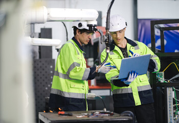 Industrial engineer working on robot arm maintenance in modern technology factory. Technician checking robotic automated welding torch machine to control welding process. Innovative engineering.
