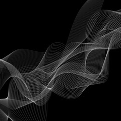 White brush stroke curved wave lines isolated on black background for design element.