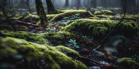 Close up macro shot of moss and small shrubs in a forest environment - generative AI