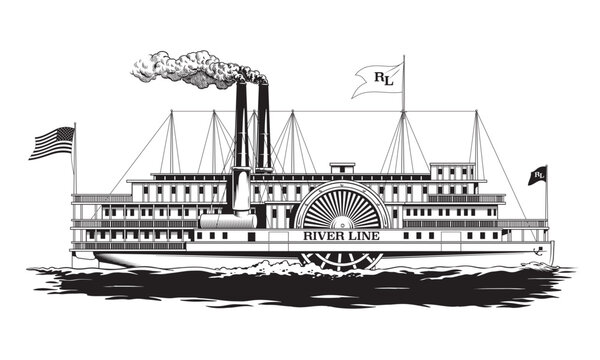 Paddle steamer, wheel steamboat, passenger riverboat or retro boat isolated on white background, engraving or etching style black and white vector illustration