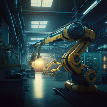 robotic arms assembly line in industrial factory. automated production. generative ai © ArgitopIA