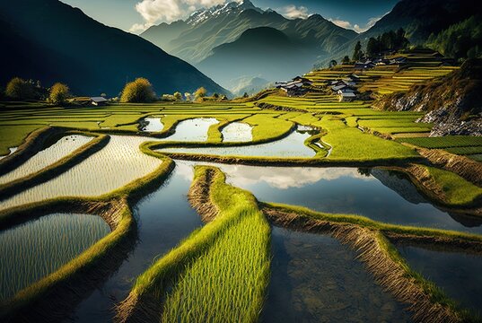 stunning picture of a rice field in Switzerland's Ticino Mountains. Generative AI