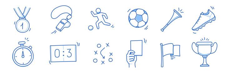 Soccer doodle icon. Football goal, award cup, whistle hand drawn line doodle sketch style equipment icon. Vector illustration © Polina Tomtosova