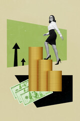 Successful trader woman climb up big gold money coins pile wealthy analyst accountant agent broker...