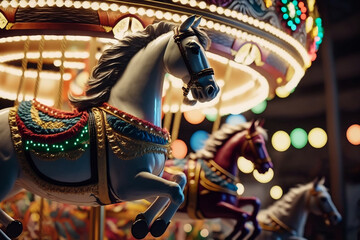 Fototapeta na wymiar childrens horse night carousel, outdoor attraction in circus Generative AI