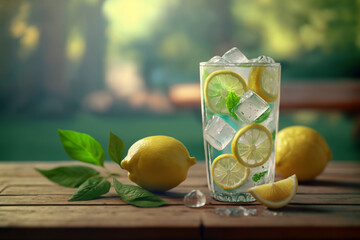 fresh lemonade with ice cubes and lemon Generative AI