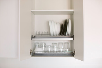 Organization for small spaces. Kitchen organization. Dishes over the sink. Plates and cups.