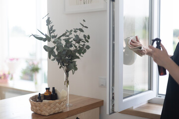 Woman cleaning window at home with rag and spray.