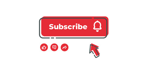 Vector illustration of like, comment, share, notification and subscribe buttons. Button icon set for channel subscription. Can be used for social media and vlogs