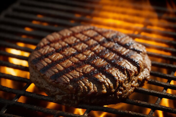 Close up of a beefsteak being grilled on a barbecue grill. Generated by AI