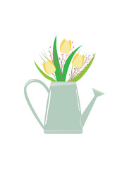 spring flowers. yellow tulips in vase. spring card. Garden watering can with flowers.  garden watering can with flowers. yellow tulips