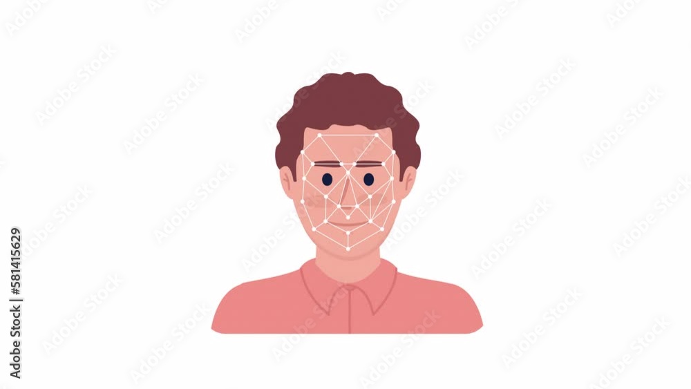 Poster animated scanning facial features. computer vision. matching human face. 2d cartoon flat character 4