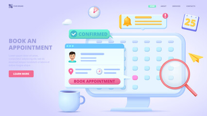 Book an appointment online, schedule meeting on the calendar selecting the date. 3d design concept for landing page. Three dimensional vector illustration.
