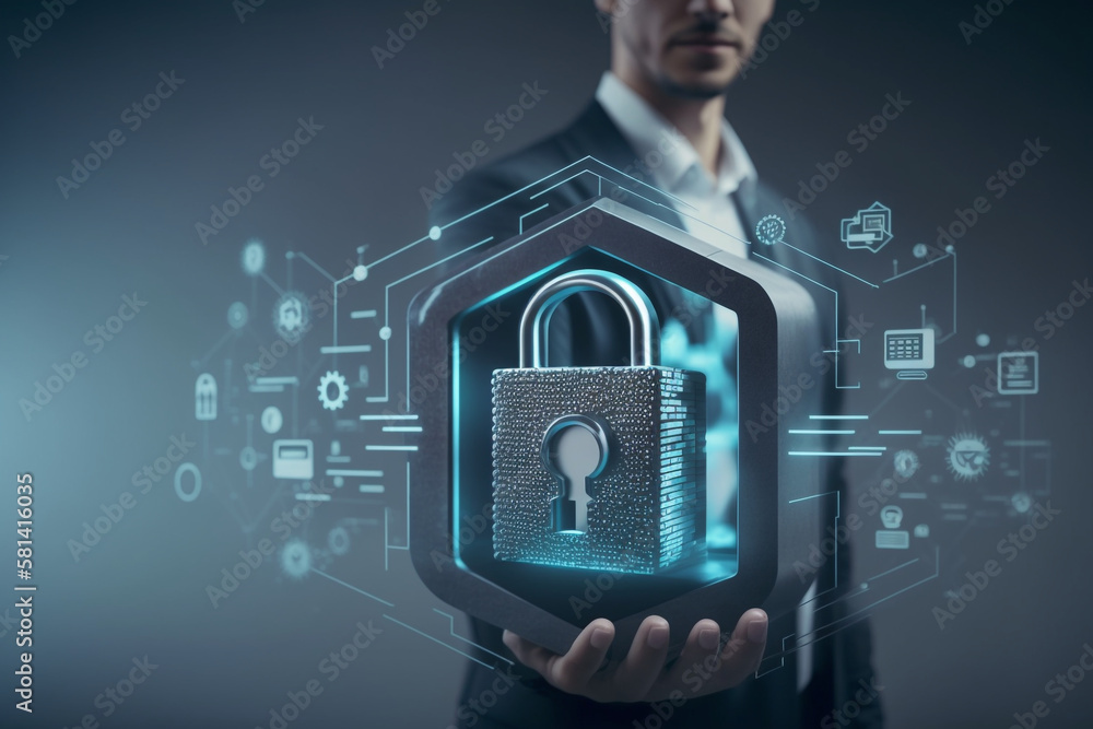 Poster privacy concept for data protection network of cybersecurity a businessman guards his client's perso