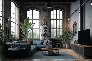 Living room interior in loft, industrial style. Generative AI