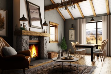 Living room with fireplace in rustic style with sofa and dining table. Generative AI