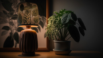 plants and wooden lamp. Generative AI