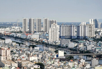 Ho Chi Minh city, Vietnam Feb 2022 Aerial view of Ho Chi Minh city skyline during midday look from...