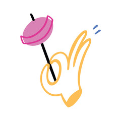 Retro sticker, hand holding big chupachups or cake pops. Memphis, 90s style, bright picture or illustration in doodle style.