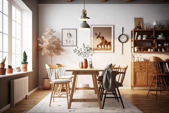 Minimalist rustic concept of dining room interior with wooden family table, design retro chairs, cup of coffee, decoration, pedant lamp and personal accessories in stylish home decor. Generative AI