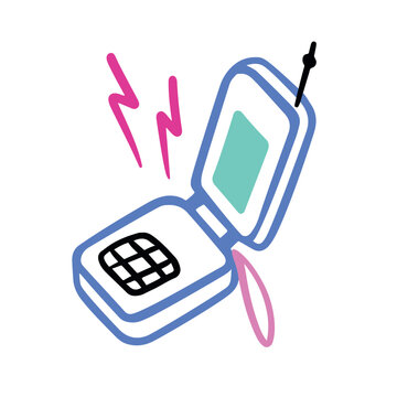 recommend clip art: Old retro mobile phone clamshell with antenna. Push-button phone. Illustration or sticker in doodle simple outline style.