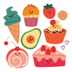 hand drawing cartoon set of cute dessert sticker set