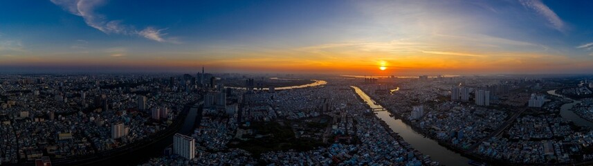 Feb 2022 Aerial panorama view of Ho Chi Minh City skyline during sunrise