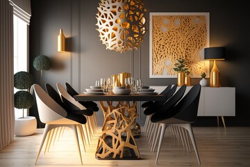 Modern dining room interior with glamor wooden table, stylish chairs and design decoration Template Home decor. Generative AI