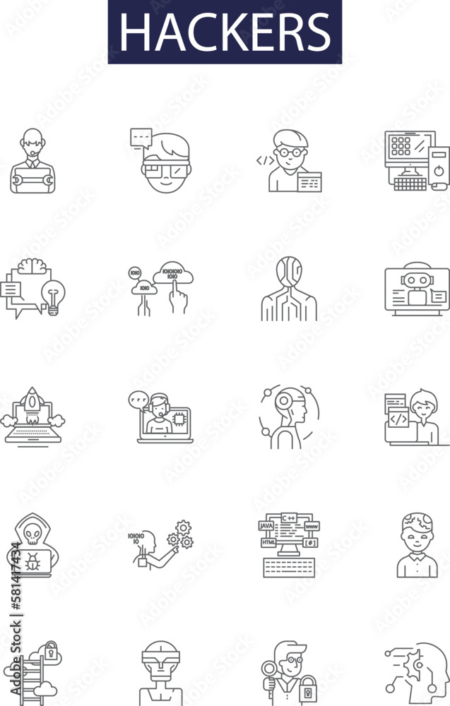 Poster hackers line vector icons and signs. internet, computer, data, security, virus, cyber, hacking,web o