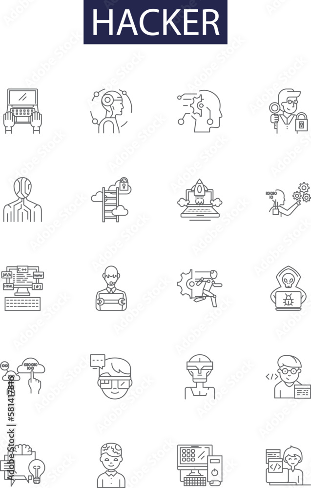 Poster hacker line vector icons and signs. internet, computer, data, security, virus, cyber, hacking,web ou