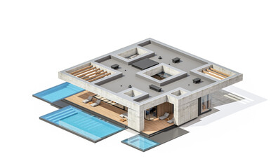 3d rendering of new concrete house in modern style with pool and parking for sale or rent only one floor in evening. Isolated on white