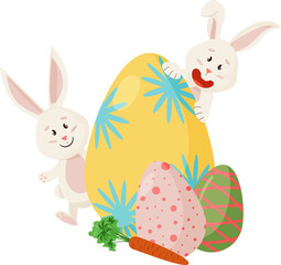 Bunnies Character. Peeks out from Eggs, Carrot. Funny, Happy Easter Rabbits.