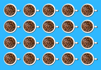 Obraz na płótnie Canvas pattern of white coffee cups full of coffee beans isolated over bright colorful blue background