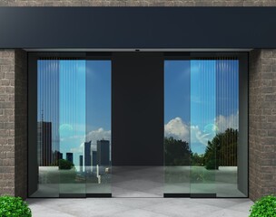 Automatic black sliding doors office facade mockup