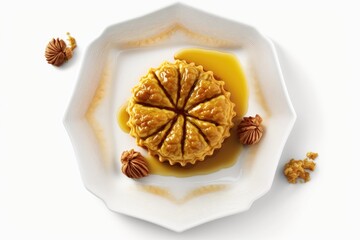 Top view of a plate of delectable honey baklava with walnuts on a white background. Generative AI
