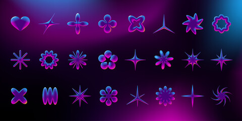 Vector set of abstract shapes (star, heart, flower) in Y2K style with retro-futuristic 3D neon gradient effect - perfect for posters and stickers