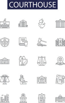 Courthouse line vector icons and signs. Law, Building, Courtyard, Justice, Hall, Proceedings, Hearing, Litigation outline vector illustration set