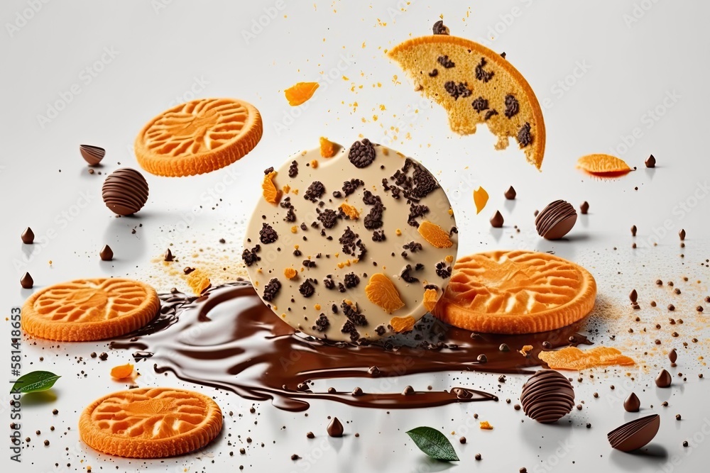 Poster set of cookies with chocolate chips and chocolate splashes against a white backdrop. nuts and orange