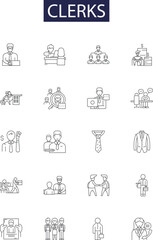 Clerks line vector icons and signs. Employees, Shop, Convenience, Stoner, Rude, Slacking, Video, Romance outline vector illustration set - obrazy, fototapety, plakaty
